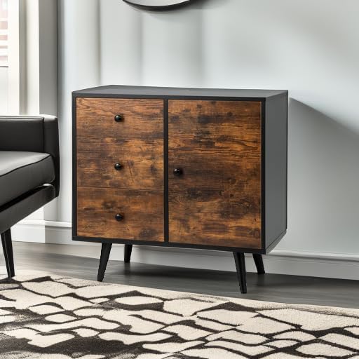 Miniatura 6 de Tangkula Armario de almacenamiento con 3 cajones y puerta, gabinete de madera industrial con estante ajustable, aparador retro de granja para