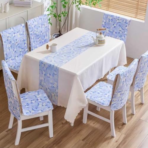 Image of HOMETHREADS Premium Cotton Chair Cover Set | Soft & Comfortable Seat Covers with Anti-Skid Non-Slip Backing + Waterproof Dining Table Cover (150x240 cm) White SkyBlue, 8 Chair Covers + 1 Table Cover