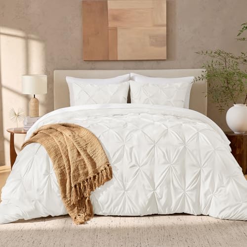 Image of Andency Oversized Queen Pinch Pleat Comforter Set (98 inchx98 inch),3 Piece Lightweight Pintuck Bedding Comforters & Sets, Fluffy Down Alternative Comforter with 2 Pillow Shams for All Season,Ivory