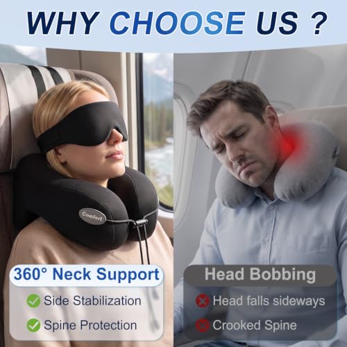 Oreiller cervical de voyage avec masque pour les yeux et support de tête pour les longs vols, noir – Image 2
