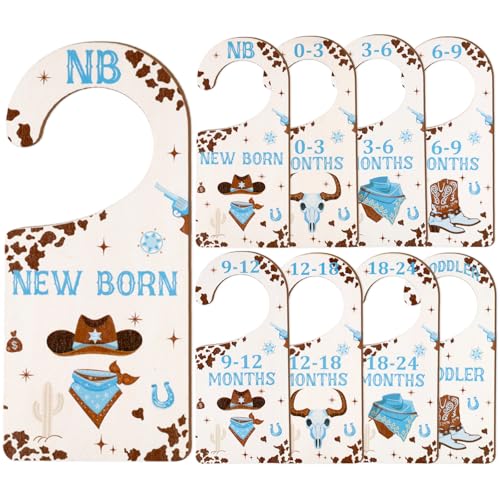 Image of CORNER LACE Baby Closet Dividers 8PCS, Western Cowboy Theme Wooden Double-Sided Clothes Size Hanger Organizer from Newborn to Toddler for Nursery Decor Baby Shower Birthday Gift