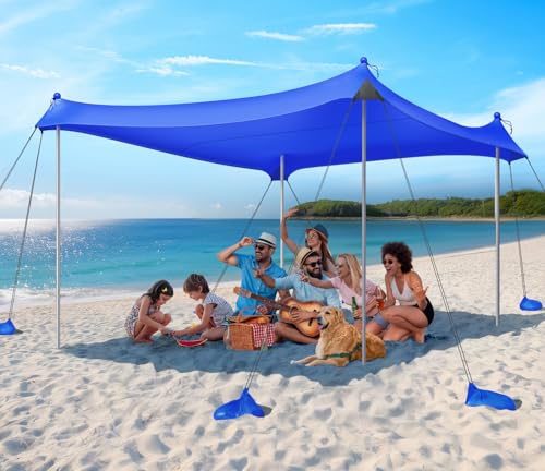 Rhino Valley Beach Tent, 10 x 10 FT Beach Shade UPF50+ Protection, Beach Canopy with 8 Sandbags 4 Stability Poles, Outdoor Beach Tent Sun Shelter Umbrella for Sand,Camping,Fishing Essentials,Dark Blue