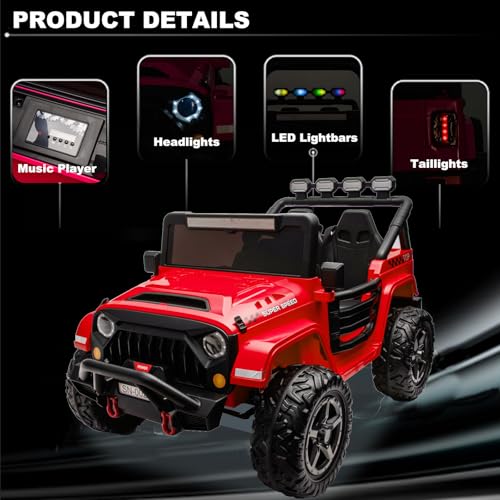 Image of NEWQIDA 24V 2 Seater Ride on Truck Car with Remote Control 24V Ride on Toys for Big Kids Electric Vehicles 4x4 Off-Road Style, EVA Tires, 4x200W Motors, Spring Suspension, Soft Braking, Music, Red