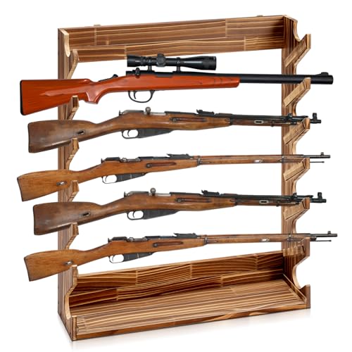 DoubleFill Gun Rack Storage Wooden Gun Rack Display Stand Wall Mount Indoor Holder for up to 7 Rifles or Shotguns Heavy Duty Wall Storage Display Rifle(Wood Color,31 x 24 x 6 in)