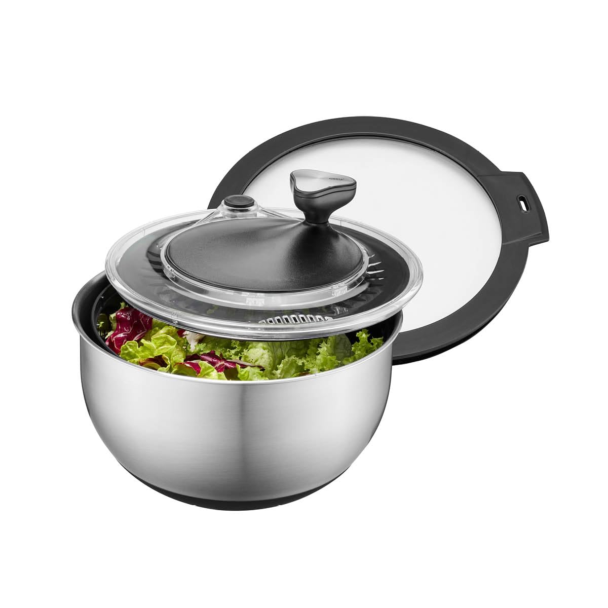 GEFU Salatschleuder mit Kurbelantrieb, 4,5 l | 4-teilig, Edelstahlschüssel, Frischhaltedeckel, Stopp-Button, rutschfest