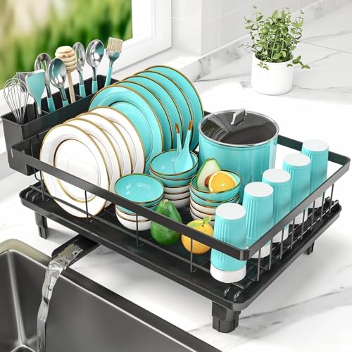 Image of MOROVIK Utensils Drying Rack /Dish Drying Rack with Drainer Tray /Anti Rust, Smart Drainage System Drainboard with Detachable Cutlery Holder /Kitchen Vessels Organizer & Water Utensils Basket (Black)