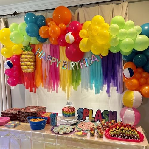 Image of 141 Pcs Rainbow Neon Balloon Arch Kit, Hot Pink Lime Green Orange Slate Blue Yellow Hawaiian Summer Tropical Balloon Garland for Hawaiian Luau Aloha Birthday Pool Back to School Party Decorations
