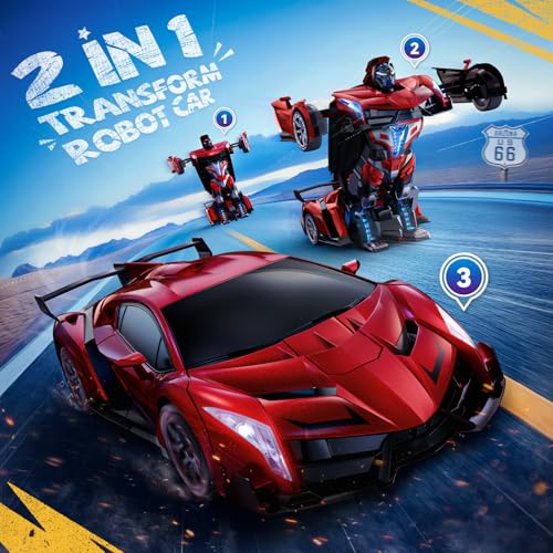 Image of V991 2-in-1 Transform Robot RC Car, 1:10 Large Transform Toys Remote Control Car with Gesture Sensing, One-Key Deformation, LED Lights & Sound Effects, Cool Toy Gift for Boys and Girls 4-6 7 8 9(Red)
