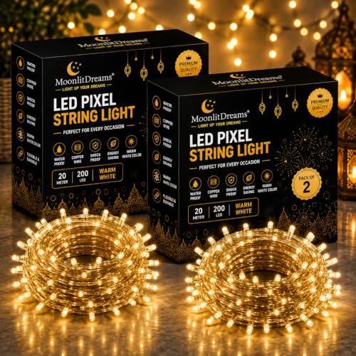 Image of MoonlitDreams Warm White LED String Lights, 20 Meter Long 66 LED Fairy Serial Lights for Home Decoration, Diwali, Mandir, Balcony, Wedding & Christmas, Plug-in, Pack of 1