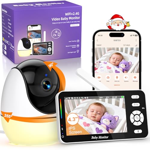 BURNNOVE Baby Monitor Video e Audio WiFi 4,3 Pollici IPS 3500mAh Batteria VOX, Luce Notturna, Sveglia, Ninna Nanna, Rilevamento della Temperatura Condivisione dello Schermo con Più Persone