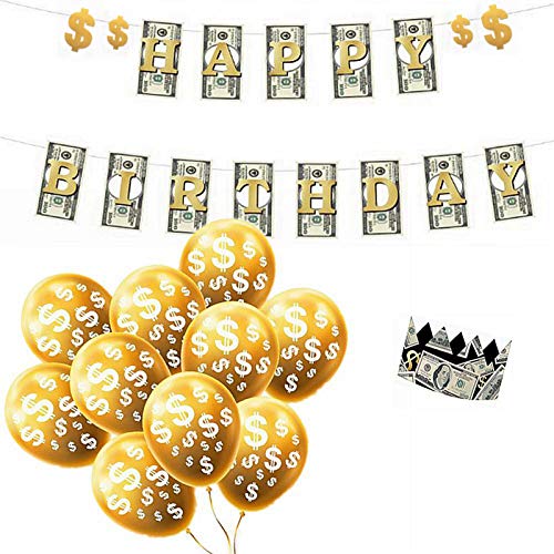 YiiiGoood Money Theme Decoration KIT Dollar Bill Signs Birthday Banner Dollar Bill Crown Hat Currency Symbol Balloons for Birthdays Baby Showers Casino Weddings Bachelorette Retirement Anniversary