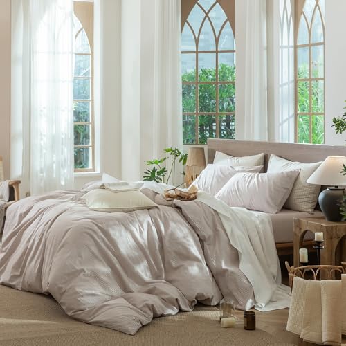 Image of MooMee Striped Duvet Cover Set 100% Washed Cotton Linen Like King | Relaxed Linen-like Texture. Soft, Breathable & Long-lasting Comfort. Lightweight. Hidden Zipper with 8 Interior Corner Ties