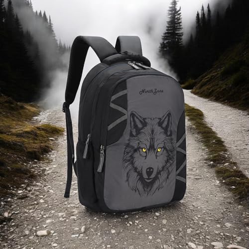 Image of NORTH ZONE Wolf Print School Backpack for Boys & Girls | Water Resistant College Bag for Men & Women | Laptop Backpack with Multiple Compartments | Travel Backpack for Students | Casual Daypack