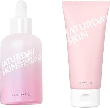 Saturday Skin Pore Serum Active Treatment for Face 4% Glycolic Acid Pore Care Complex Help Refine Skins Texture and Face Cleanser Hydrating Foam Cleanser Makeup Remover and Face Wash