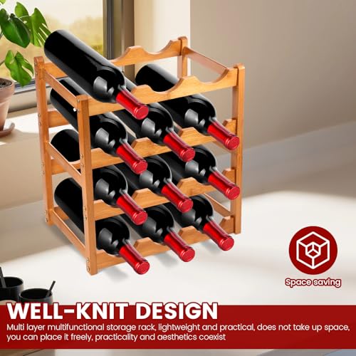 4 Tier Wood Wine Rack 12 Bottles Wine Storage Holder Free Standing Wine Display Rack for Countertop Strong Load Bearing Liquor Storage Shelf for Bar Kitchen Pantry Dining Room - Image 6