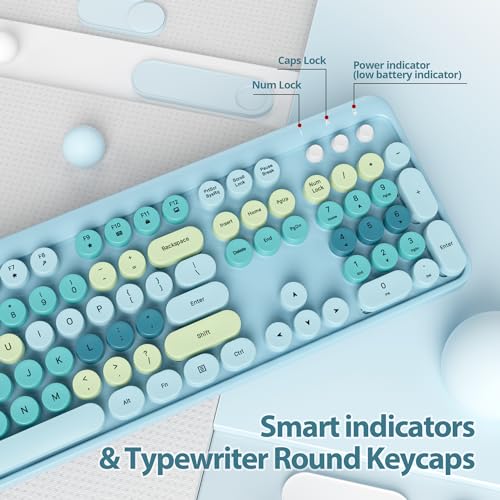 Image of Fogruaden Blue Keyboard and Mouse Wireless, Retro Typewriter Keyboard, 2.4GHz 104 Keys Full Size Cute Keyboard with Number Pad, Blue Colorful Keyboard with Retro Round Keycaps for Windows PC Laptop