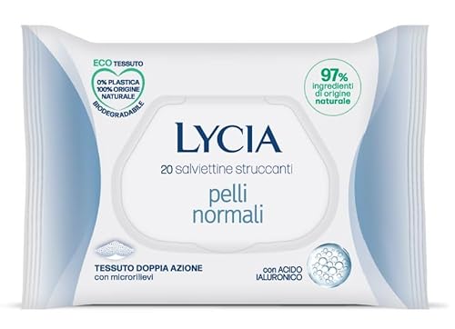 Lycia - Salviettine Struccanti per Pelli Normali, Salviette Struccanti per Viso e Occhi, con Acido Ialuronico, in tessuto 100% naturale, 20 pezzi