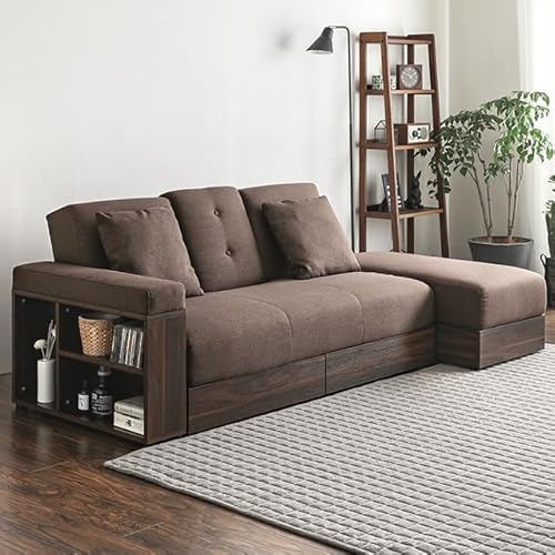 モダンデコ ソファー 2人掛け リクライニング クッション付き 収納付き ソファ ファブリック (ダークブラウン×ウォールナット, レギュラー)