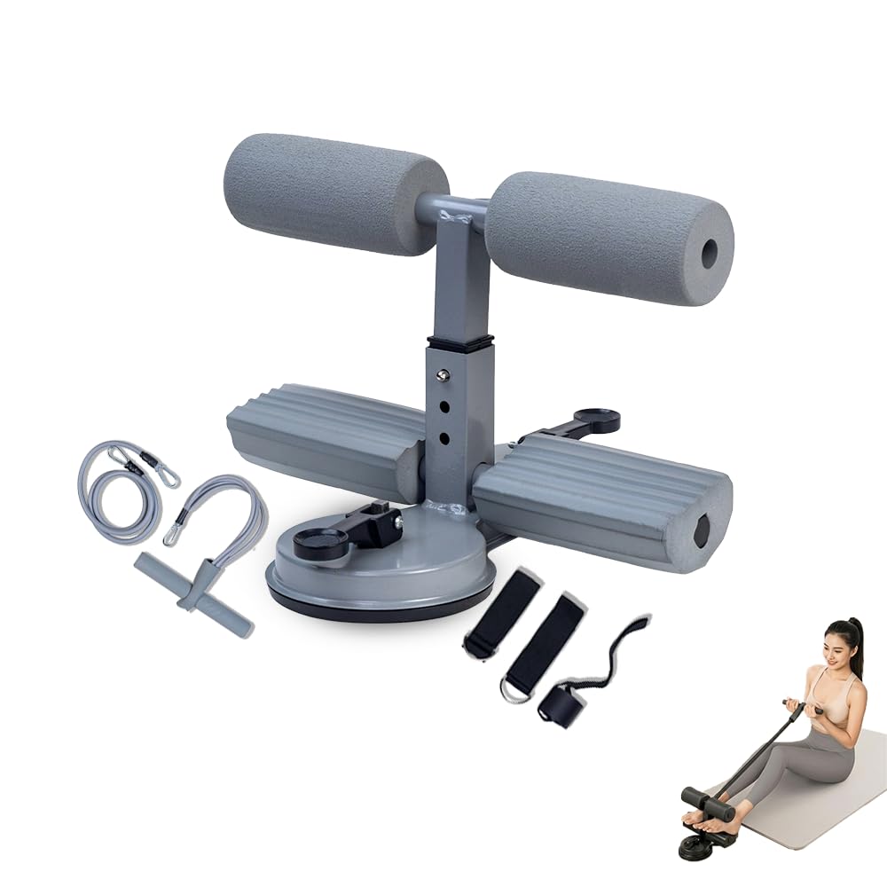 PulseITVault Sit Up Bar Double Suction Cup & Safety Lock. Adjustable Height Core Trainer, Tummy Trimmer & Workout Equipment for Home. Includes Resistance Tube, 2 Ankle Straps & Door Attachment(Grey)-picture-19