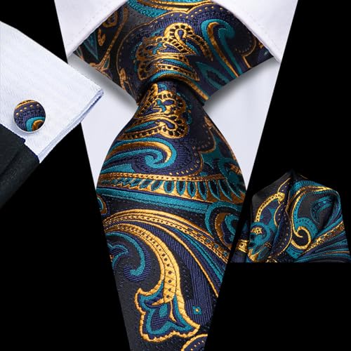 Image of Hi-Tie Men Silk Ties Set with Flower Lapel Pin Necktie Pocket Square Cufflinks for Tuxedo Wedding Business