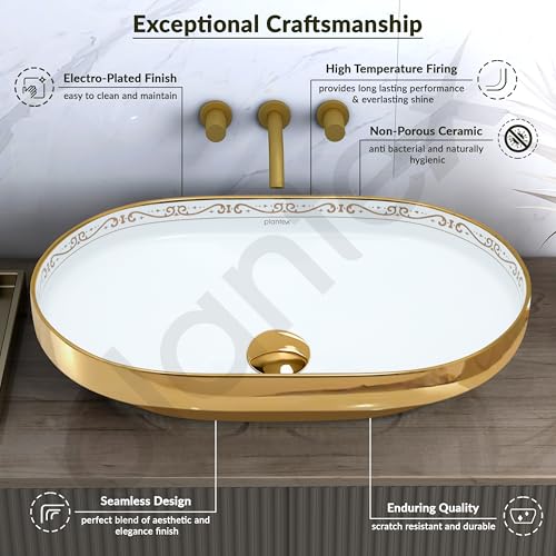 Image of Plantex Ceramic Wash Basin /Designer Hand Wash Sink for Bathroom /Oval Tabletop Washbasin /Countertop Vessel Sink for Home /Office (24x16x5 inch - Gold & White)