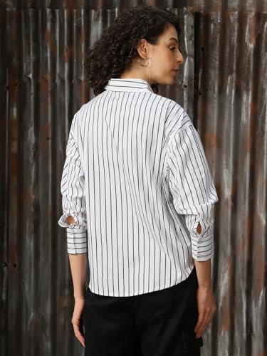 Image of High Star Women Cotton Striped Oversized Fit Collar Full Sleeves Shirts