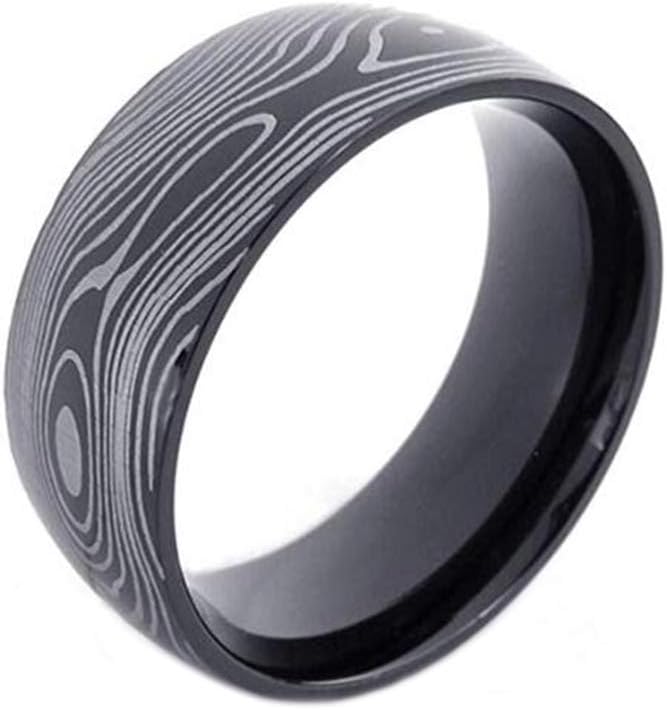 TEMEGO 7mm Stainless Steel Damascus Ring for Men,Black Plain Dome Comfort Fit Wedding Band