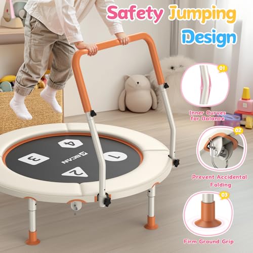 BCAN BT1 36'' Toddler Trampoline, ASTM Certified-Foldable Mini Trampolines for Kids Ages 1-6, Adjustable Handle, Safety Pad & Foldable Legs, Baby Trampoline Indoor/Garden, Gift for Boy and Girl, Beige by BCAN - Image 2