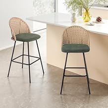 29.5" Bar Stools Set of 2, Mid Century Modern Counter Height Barstools with Rattan Backrest, Upholstered Chenille Armless Bar Chair Island Stools for Kitchen Island, Bar, Green