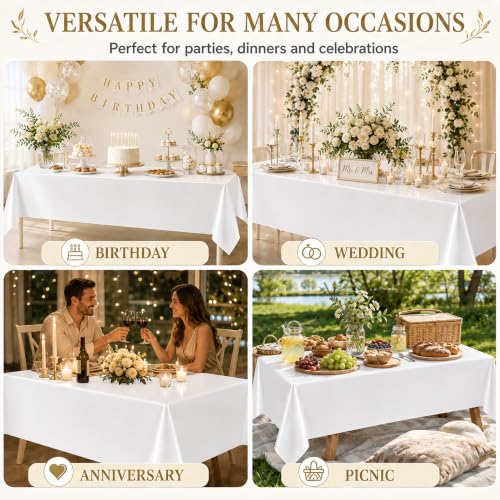 Image of 6 Pack White Plastic Tablecloths, 54 x 108 Inch Disposable Covers | Ideal for Weddings, Bridal Showers, Birthdays and Graduations, Helping Protect Tabletops and Simplify Event Cleanup