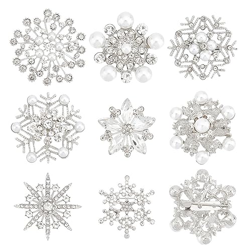 BENECREAT 8PCS Snowflake Crystal Lapel Pin Brooches, Christmas Silver Crystal Fashion Pearl Brooches Decorative Pins for Wedding Collar, Shirt, Cardigan, Dresses, Scarves, Jacket