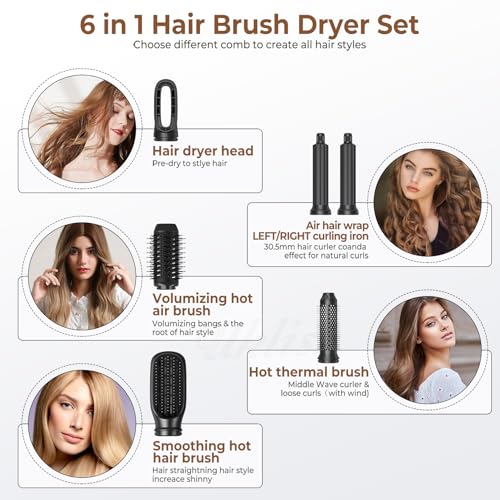 Image of 6 in 1 Hair Dryer Brush, Upgrade Detachable Blow Dryer Brush Air Styler Wrap Air Curler, Curly Twist Hot Curling Iron, Negative Ion Blow Dryer Hot Styler, Travel Hair Styling Tool