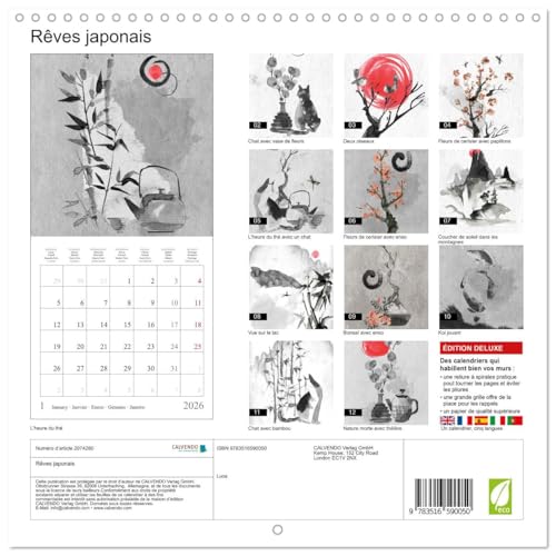 Calendario de pared 2026 de pintura japonesa 30x30 para anotaciones y notas mensuales 2