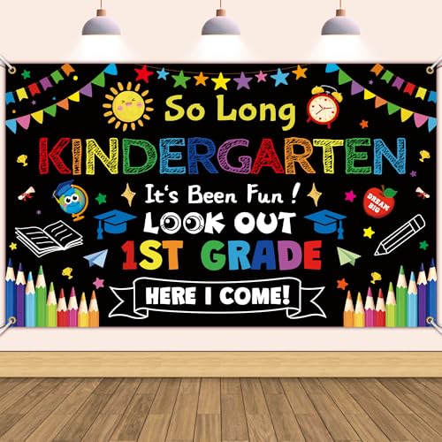 Kindergarten Graduation Decorations So Long Kindergarten Its Been Fun Look Out 1st Grade Here I Come Backdrop Kindergarten Graduation Backdrop Class of 2026 Kindergarten Graduation Banner