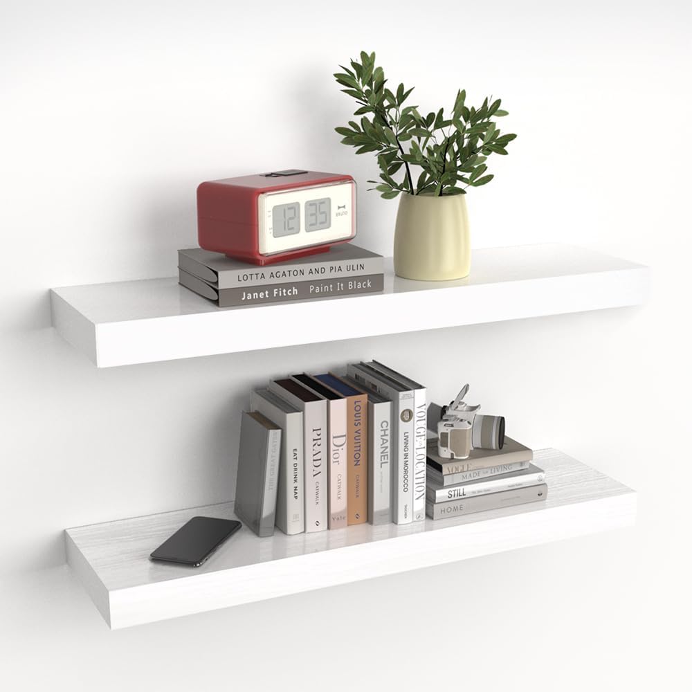 Habudda Floating Shelves, Natural Wood Wall Shelf, White Wooden Rustic Decor for Bathroom Kitchen Bedroom, 23.6 inches Hanging Mounted Invisible Bracket, 2 Set