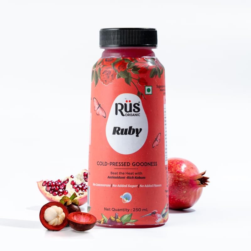 Image of Rus Organic Ruby Juice | Pomegranate Fruit + Kokum Juice Without Sugar | Pack of 6 (250ml Each) | Natural, No Added Preservative | Cold Pressed | Immunity Support