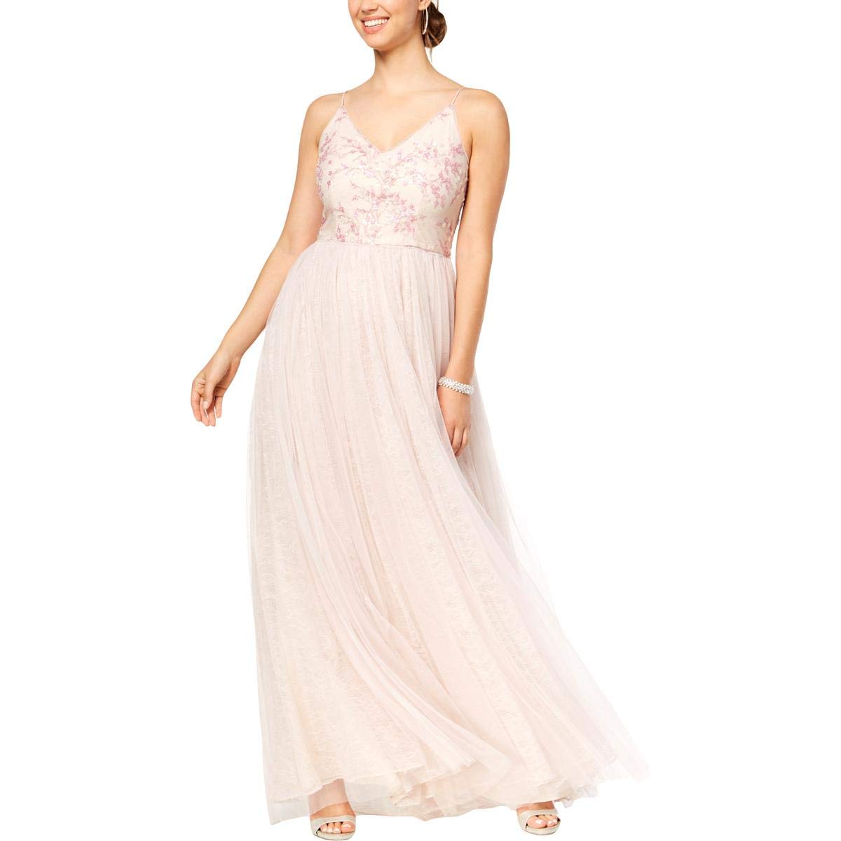 Photo 1 of Adrianna Papell Women's Sequin Embroidered Tulle Spaghetti Strap V-Neck Long Dress