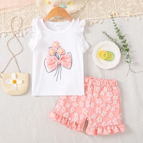 Image of Ayzozuy Kid Girl Clothes Shorts Set 2 Piece Outfits Summer Casual Short Sleeve Top and Shorts Set for Girls 4-7