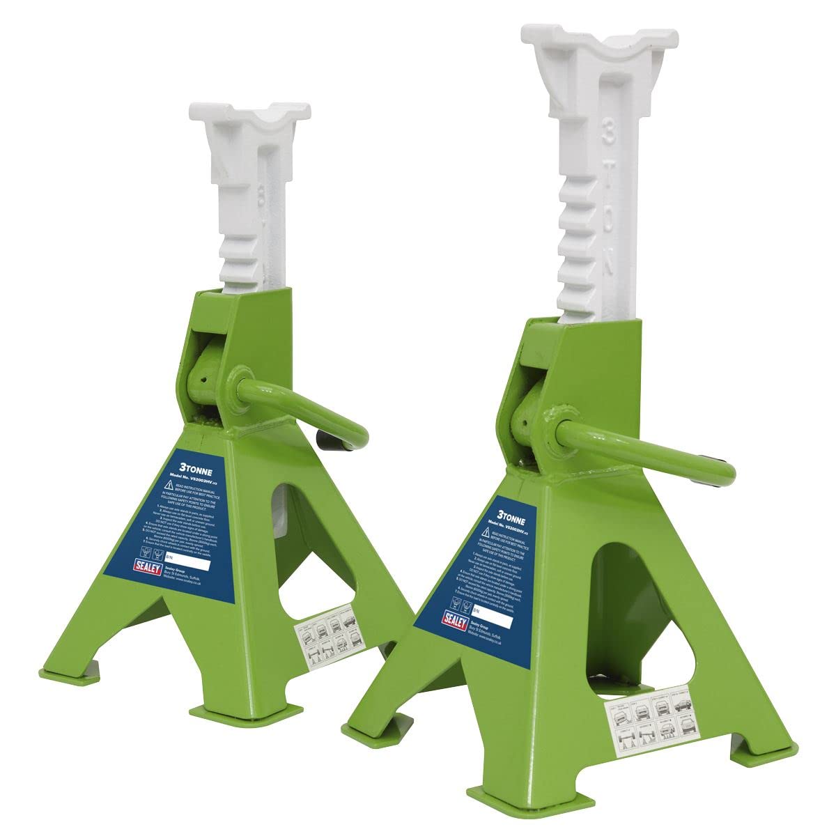 VS2003HV 3T Axle Stands Pair 3 Tonne 3000kg 295mm 430mm Ratchet Green By Sealey