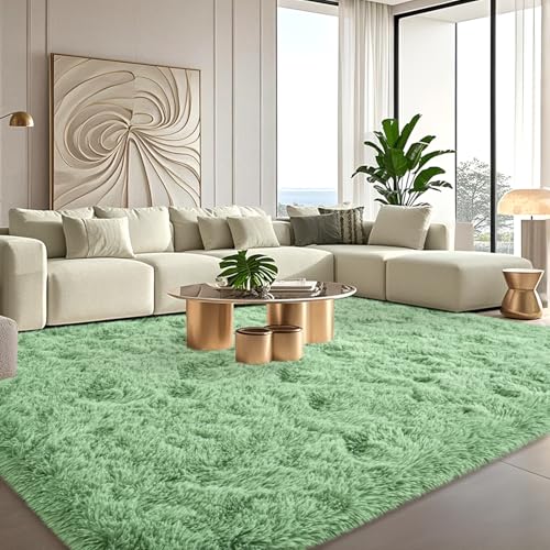 Large Green Fluffy Rugs for Living Room 8x10 ft - Ultra Soft Faux Fur Area Rug - Plush Non-Slip Shaggy Carpet for Bedroom, Kids Boys Girls Dorm Nursery Room