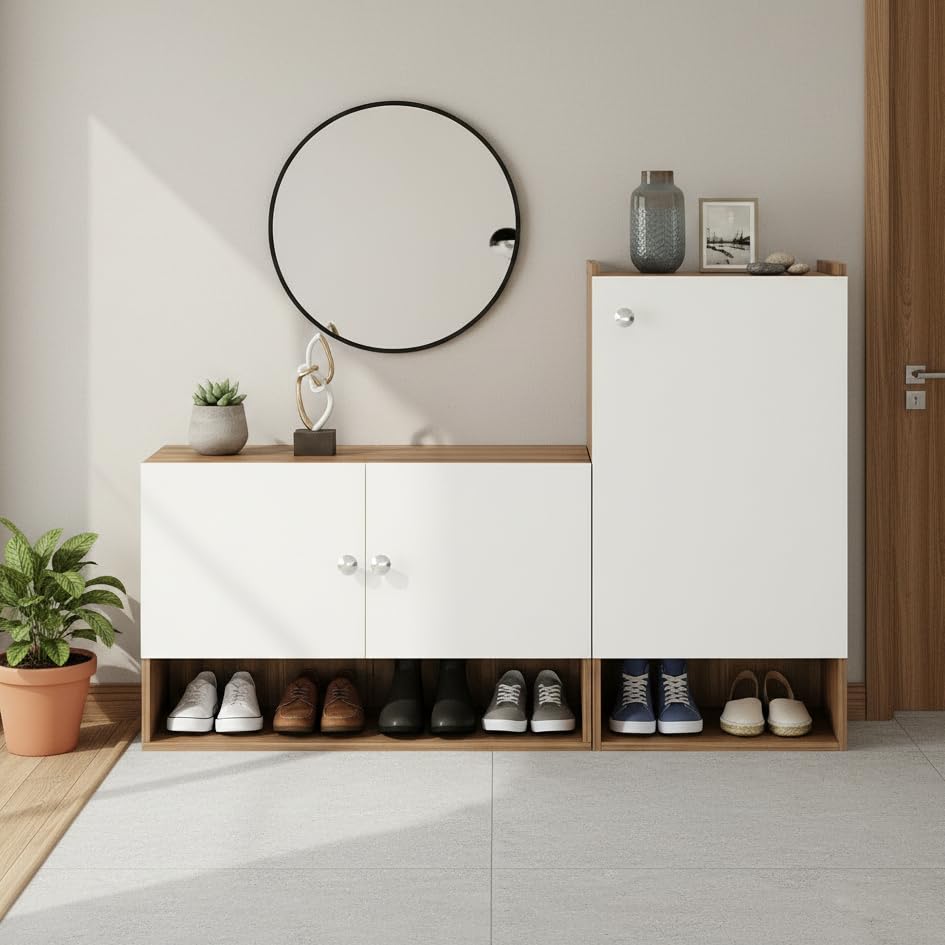 Image of FURNEASER Sinala Wooden Shoe Rack for Home with Doors & Open Shelves | Modern Shoe Cabinet Organizer for Entryway | Engineered Wood Shoe Stand with Storage (Exotic Teak & White)