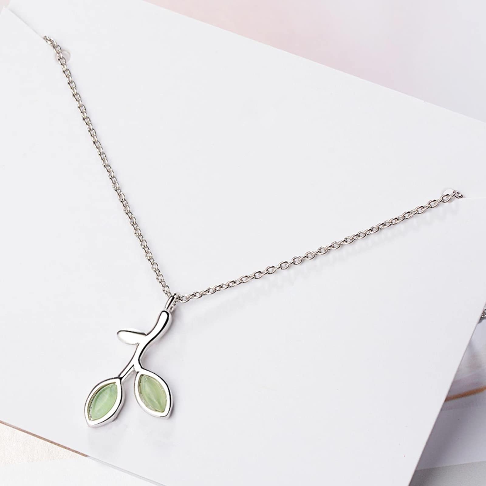 HCMA 925 Sterling Silver Dainty Green Opal Tree Leaves Pendant Necklace Short Clavicle Chain Jewelry For Women Fashion Gifts
