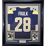 Framed Autographed/Signed Marshall Faulk 35x39 St. Louis Navy Blue Football Jersey Beckett BAS COA