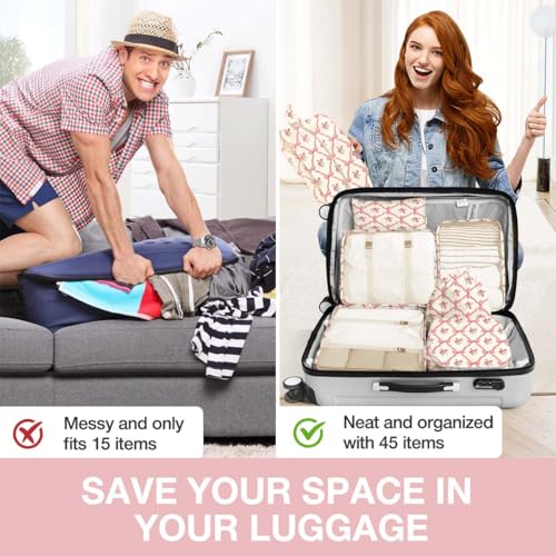 Image of 8 Set Packing Cubes for Suitcases,Packing Cubes with Shoe Bag, Cosmetics Bag, Clothing Bag, Accessories Bags Packing Cubes for Travel Luggage Organizer Women Men(Bow Flowers)