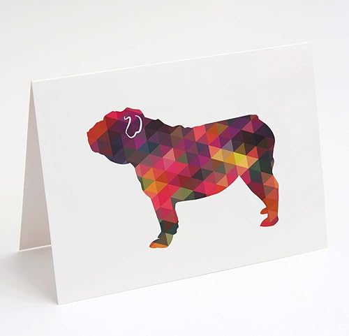 Breed Collection Bulldog Inglés 100 razas Silueta de raza de perro geométrica multicolor tarjetas de felicitación y sobres, paquete de 8 tarjetas