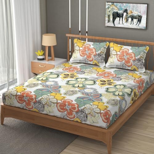 Image of Vram Premium Heavy Cotton Elastic Fitted Bedsheets with 2 King Size Pillow Covers || Double Bed with All Around Elastic 350 TC || 72 x 72 x 10 Inch King Size Fitted || :- Cream Big Flower