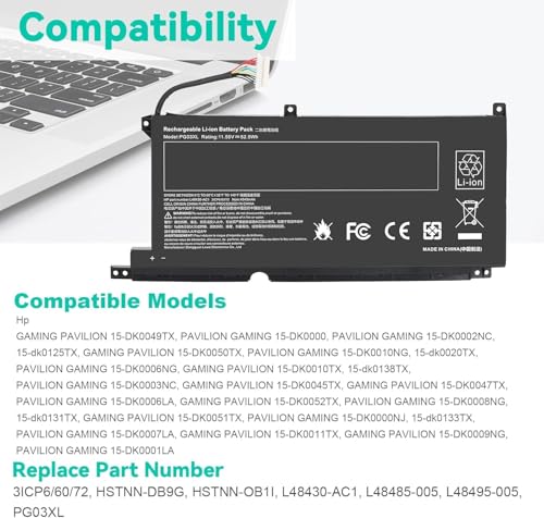 Image of PG03XL Battery for HP Pavilion Gaming 15-DK 15T-DK 15-EC 15-DK0XXX 15-DK0055NR 15T-DK200 15-EC0013DX 15-EC1073DX 15Z-EC200 16-A0032DX 16-A0035NR L48495-005 3ICP6 /60 /72 HSTNN-DB9G HSTNN-OB1I (PG03XL)