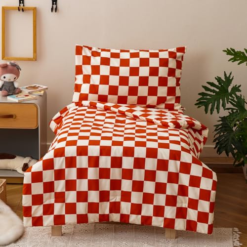 Image of CLOTHKNOW 4Pieces Orange Beige Plaid Toddler Bedding Sets for Boys Girls Grid Bedding Sets Soft Crib Bed Sets