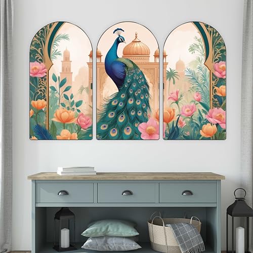 Image of Livin'luxe Peacock Wall Art | Set of 3 MDF Panel Paintings | Floral Mughal Palace Theme Decorative Wall Hanging for Living Room, Bedroom & Home Decor