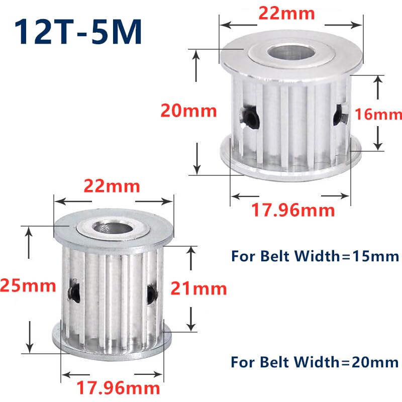 Zahnriemenscheibe 5M 10T 2x Zahnriemenscheiben 5M 10T – Bohrung 5-8mm, Breite 16/21mm, Für Schrittmotor & 15/20mm Riemen